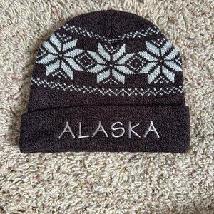 Alaska  Knit Winter Hat Brown Snowflake Pattern Acrylic Beanie Unisex